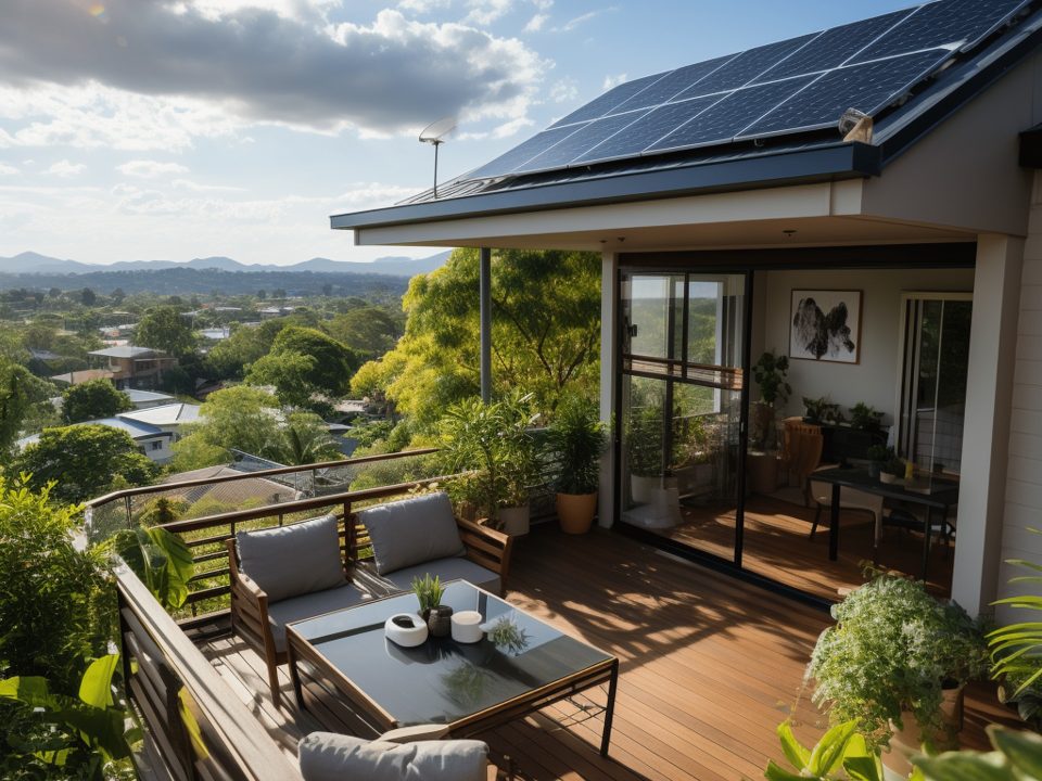 Eine moderne Villa in der Stadt mit einer Solaranlage auf dem Dach